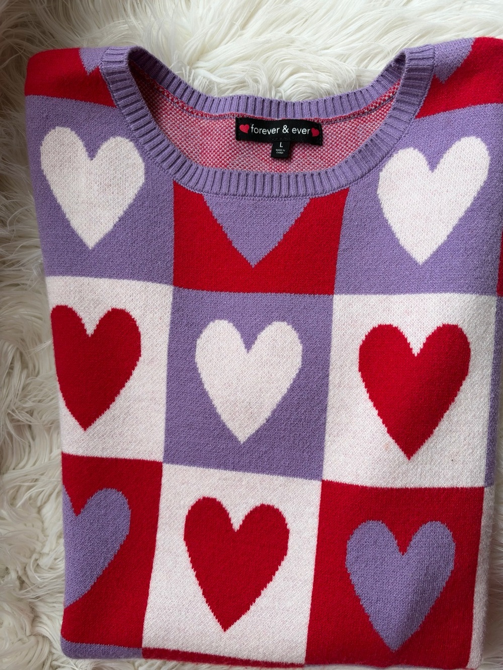 Forever & Ever Purple and Red Heart-Print Women's Short Sleeve Sweater